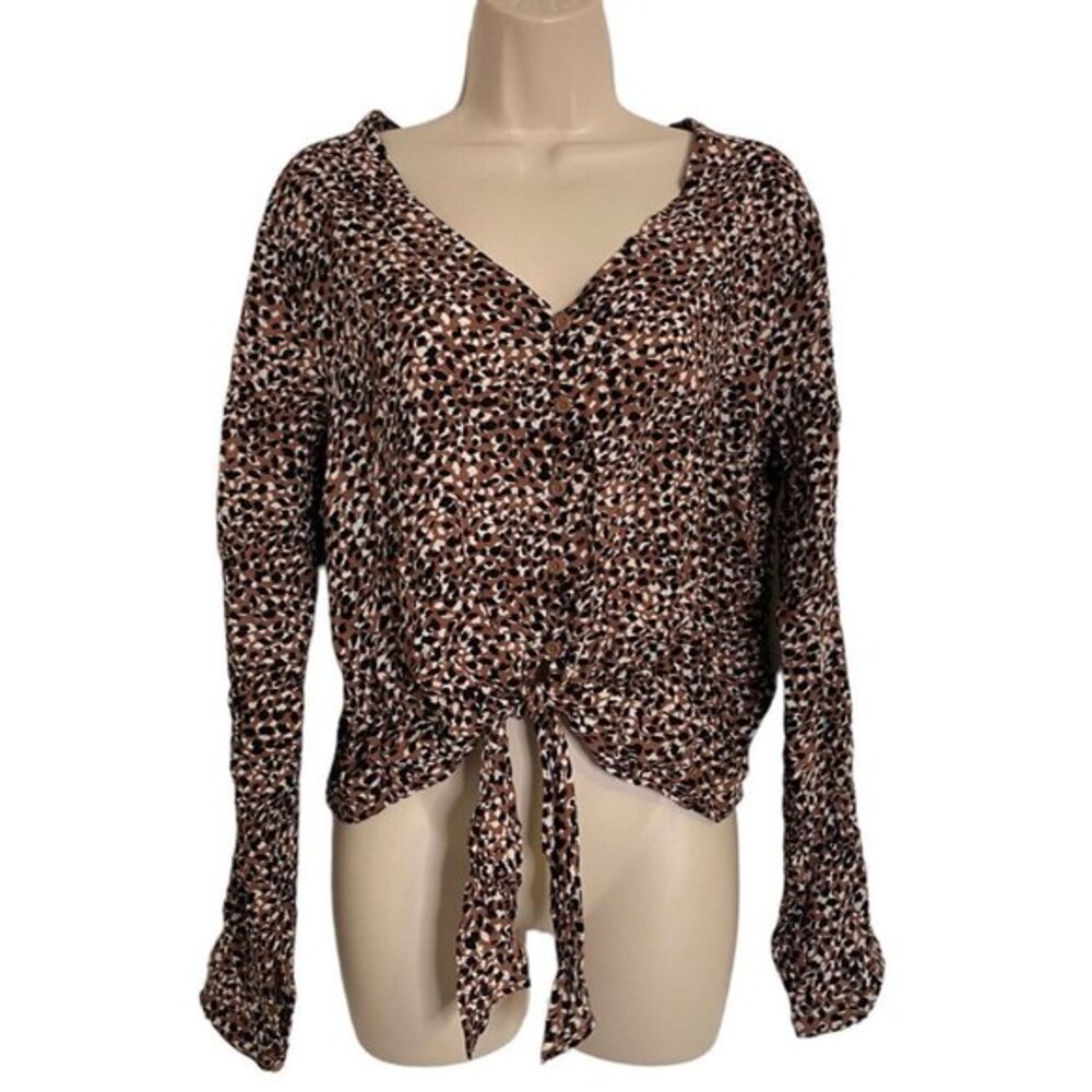 Cloth & Stone Medium Button Down Cropped Tie Waist Print Blouse Top Black Brown